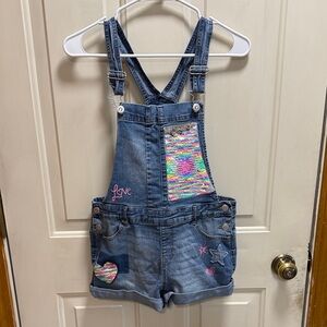 Jordache Blue Denim Kids Overalls with Colorful Patches and sequins.  Size XL